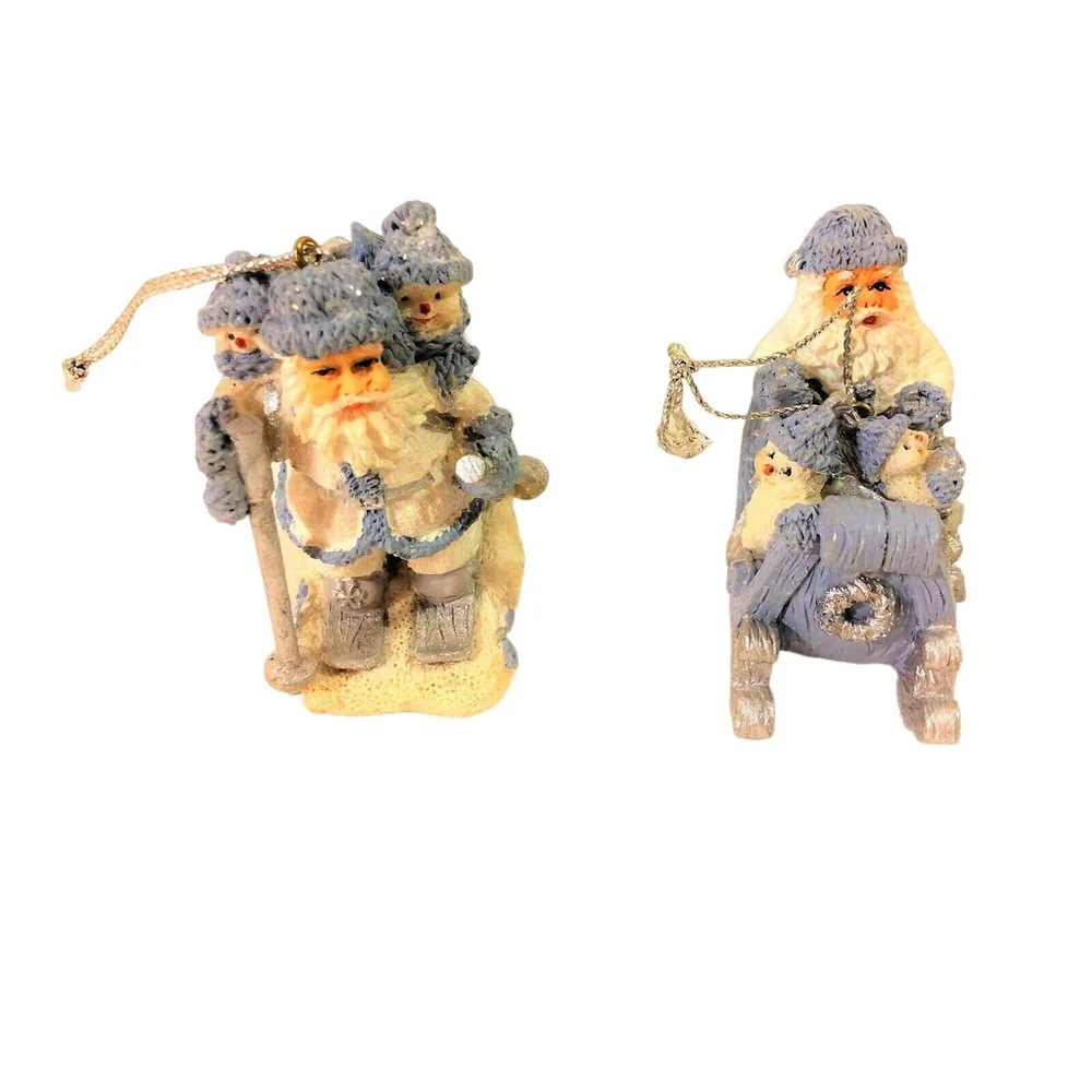 Vtge Encore Set of 2 Snow Buddies Ornaments Santa Skiing Santa's Sleigh